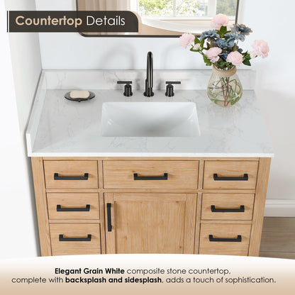Gavino 42" Single Bathroom Vanity in Light Brown with Grain White Engineered Stone Countertop without Mirror