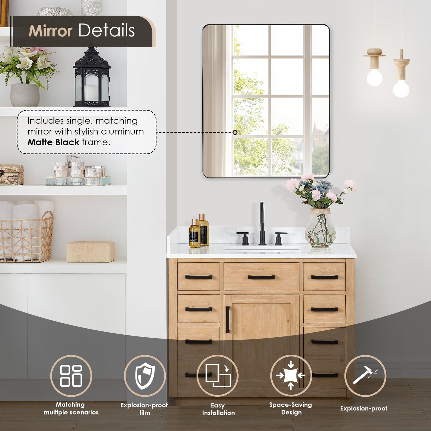 Gavino 42" Single Bathroom Vanity in Light Brown with Grain White Engineered Stone Countertop with Mirror