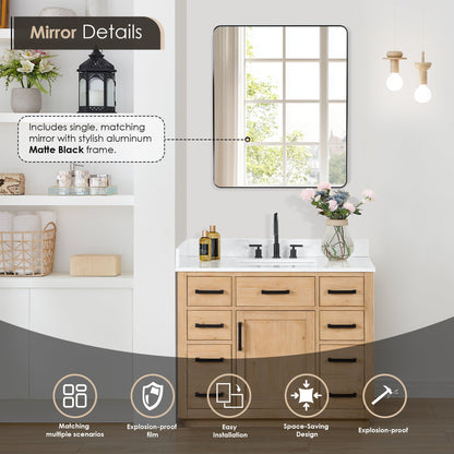 Gavino 42" Single Bathroom Vanity in Light Brown with Grain White Engineered Stone Countertop with Mirror