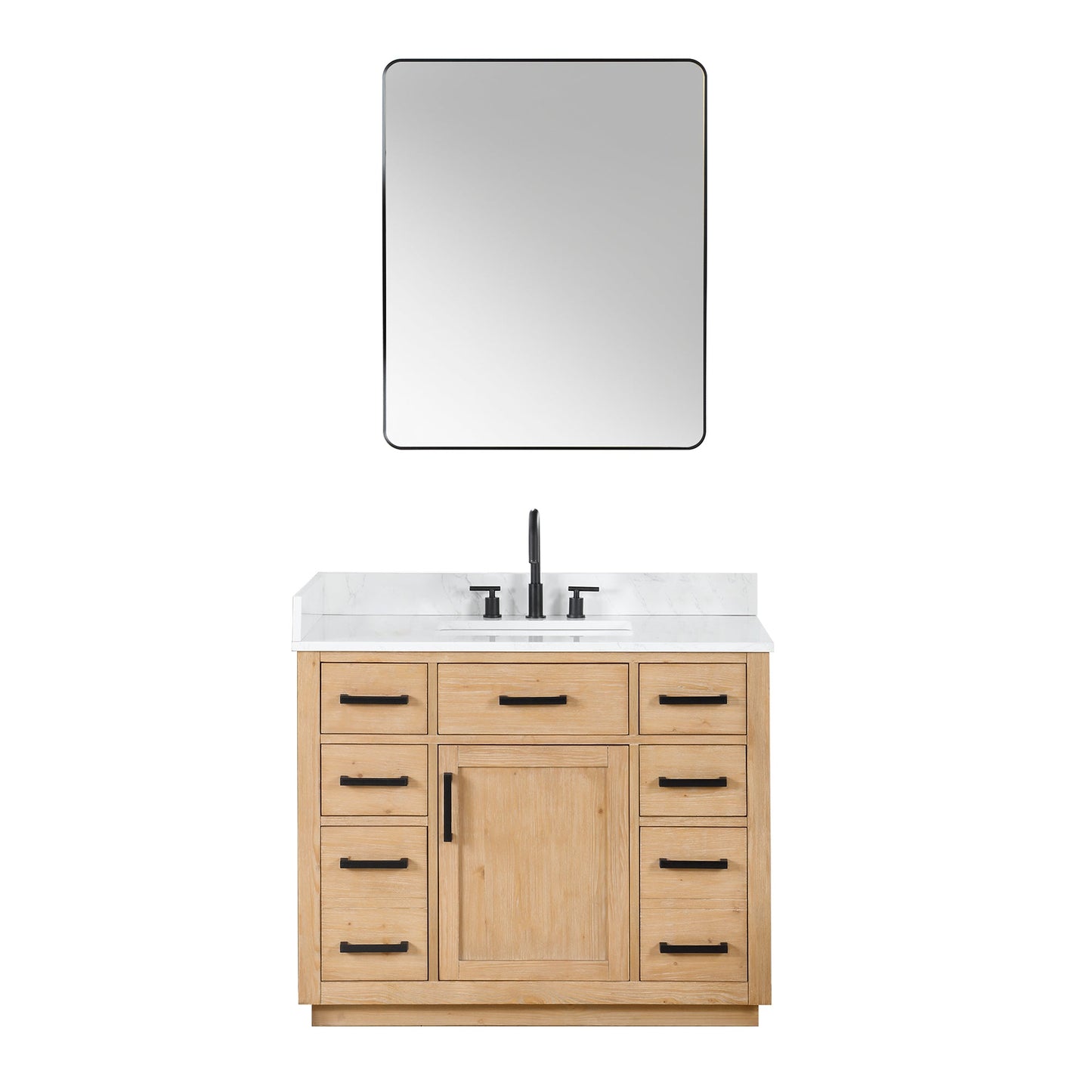 Gavino 42" Single Bathroom Vanity in Light Brown with Grain White Engineered Stone Countertop with Mirror