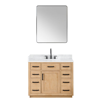 Gavino 42" Single Bathroom Vanity in Light Brown with Grain White Engineered Stone Countertop with Mirror