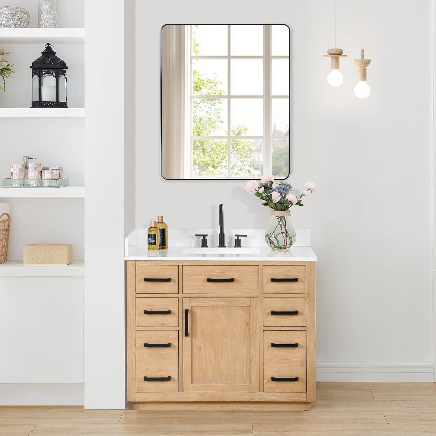 Gavino 42" Single Bathroom Vanity in Light Brown with Grain White Engineered Stone Countertop with Mirror