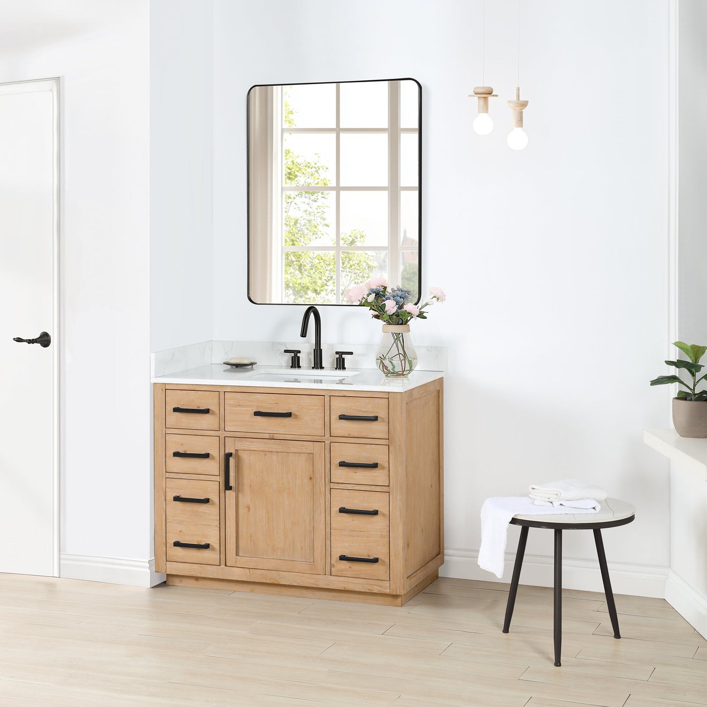 Gavino 42" Single Bathroom Vanity in Light Brown with Grain White Engineered Stone Countertop with Mirror