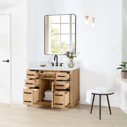 Gavino 42" Single Bathroom Vanity in Light Brown with Grain White Engineered Stone Countertop with Mirror