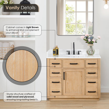 Gavino 42" Single Bathroom Vanity in Light Brown with Grain White Engineered Stone Countertop with Mirror