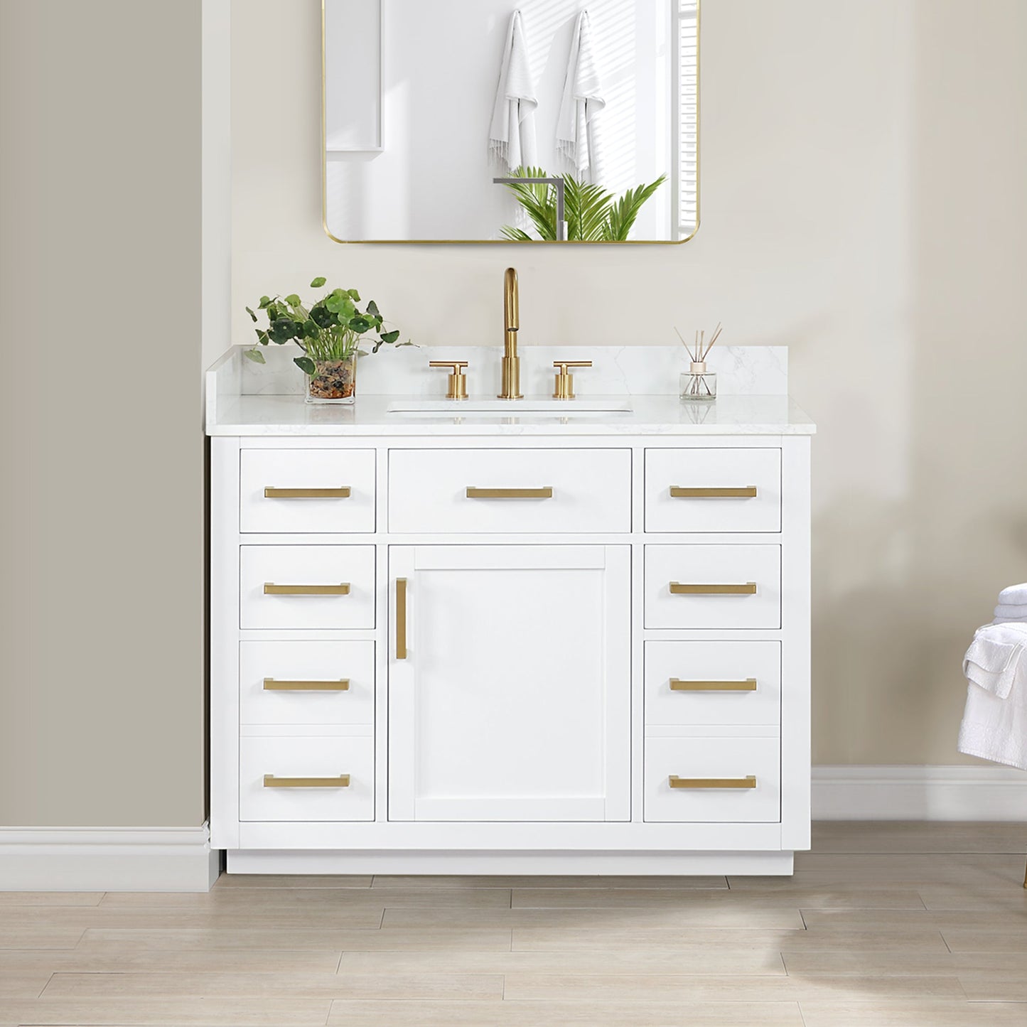 Gavino 42" Single Bathroom Vanity in White with Grain White Engineered Stone Countertop without Mirror