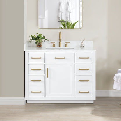 Gavino 42" Single Bathroom Vanity in White with Grain White Engineered Stone Countertop without Mirror