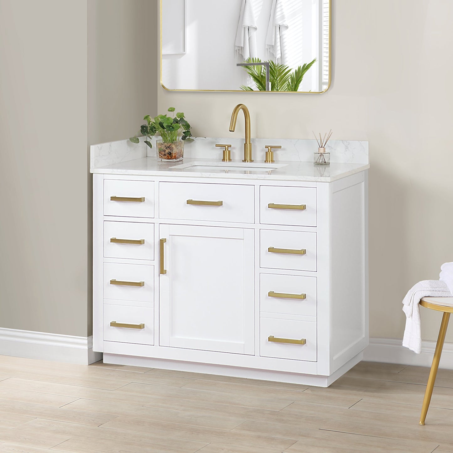 Gavino 42" Single Bathroom Vanity in White with Grain White Engineered Stone Countertop without Mirror