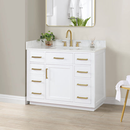 Gavino 42" Single Bathroom Vanity in White with Grain White Engineered Stone Countertop without Mirror
