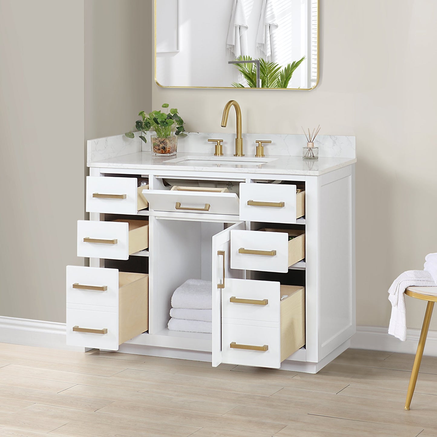 Gavino 42" Single Bathroom Vanity in White with Grain White Engineered Stone Countertop without Mirror