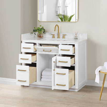 Gavino 42" Single Bathroom Vanity in White with Grain White Engineered Stone Countertop without Mirror
