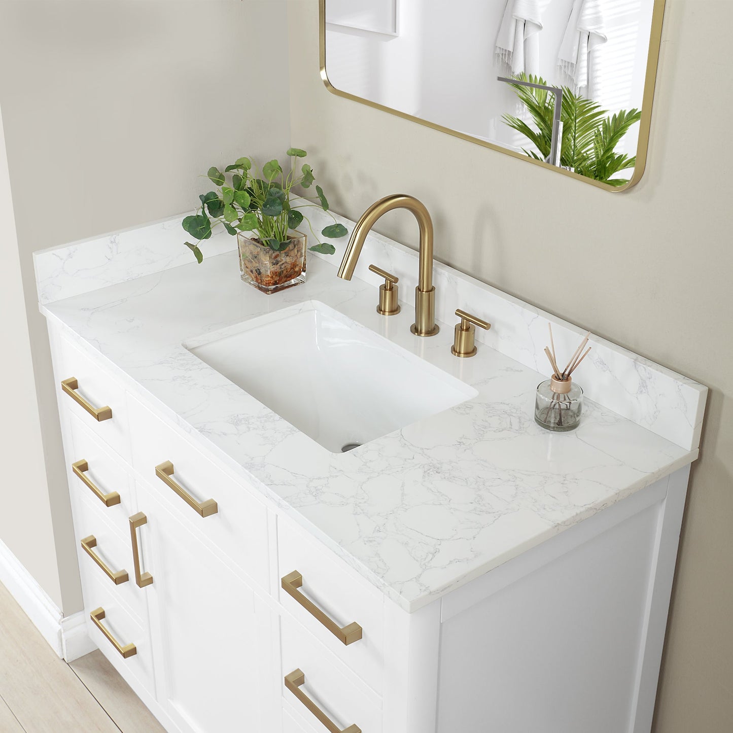 Gavino 42" Single Bathroom Vanity in White with Grain White Engineered Stone Countertop without Mirror