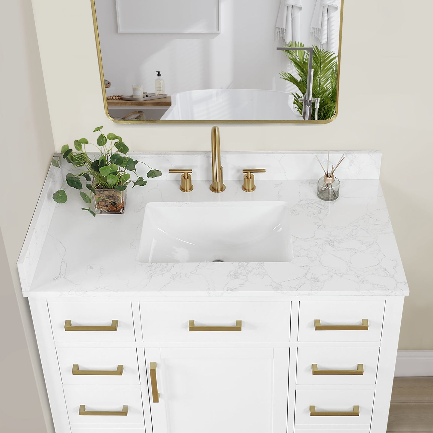 Gavino 42" Single Bathroom Vanity in White with Grain White Engineered Stone Countertop without Mirror