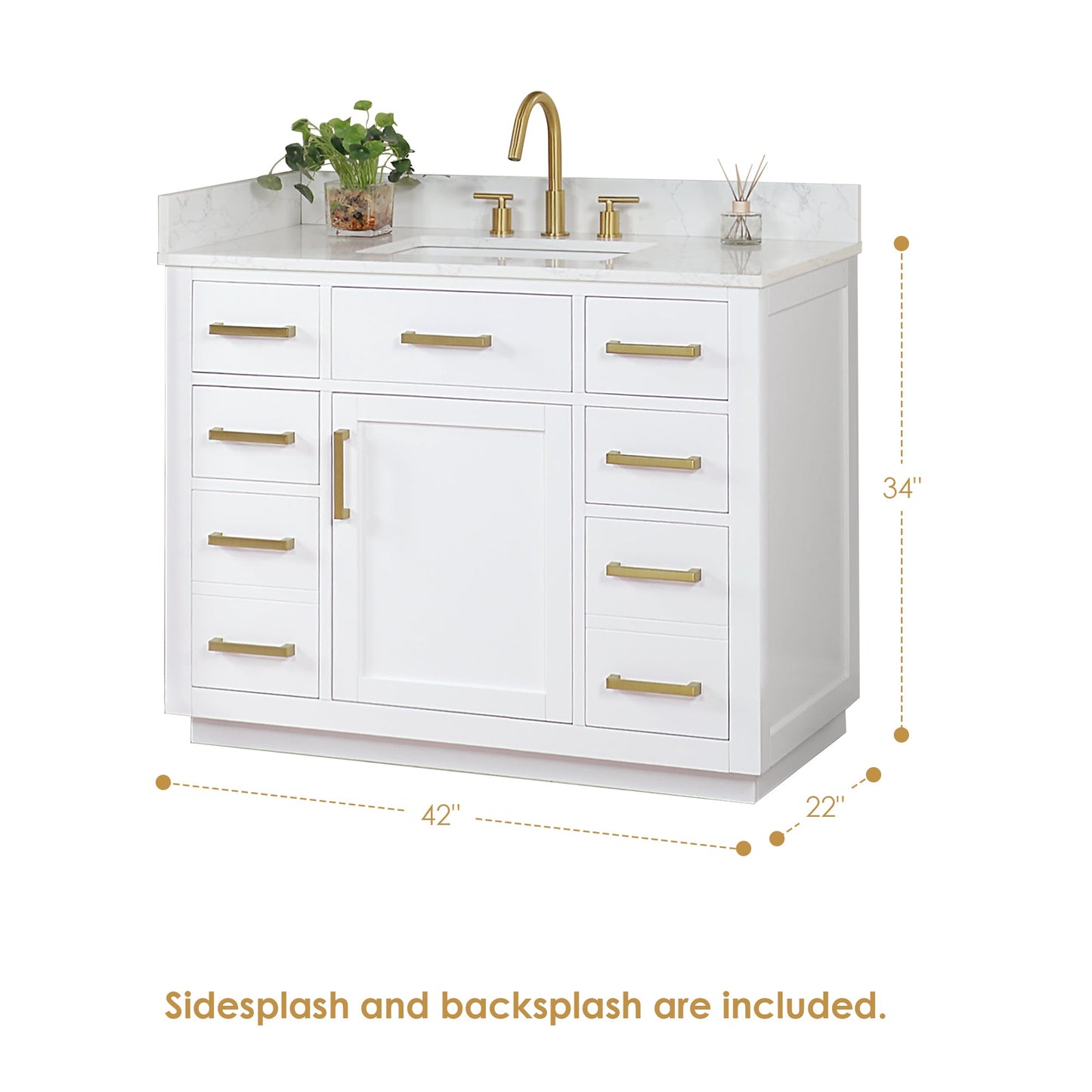 Gavino 42" Single Bathroom Vanity in White with Grain White Engineered Stone Countertop with Mirror