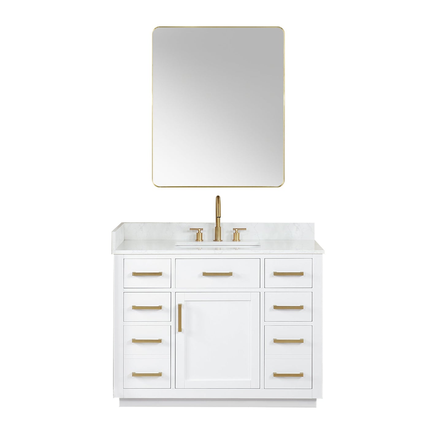 Gavino 42" Single Bathroom Vanity in White with Grain White Engineered Stone Countertop with Mirror