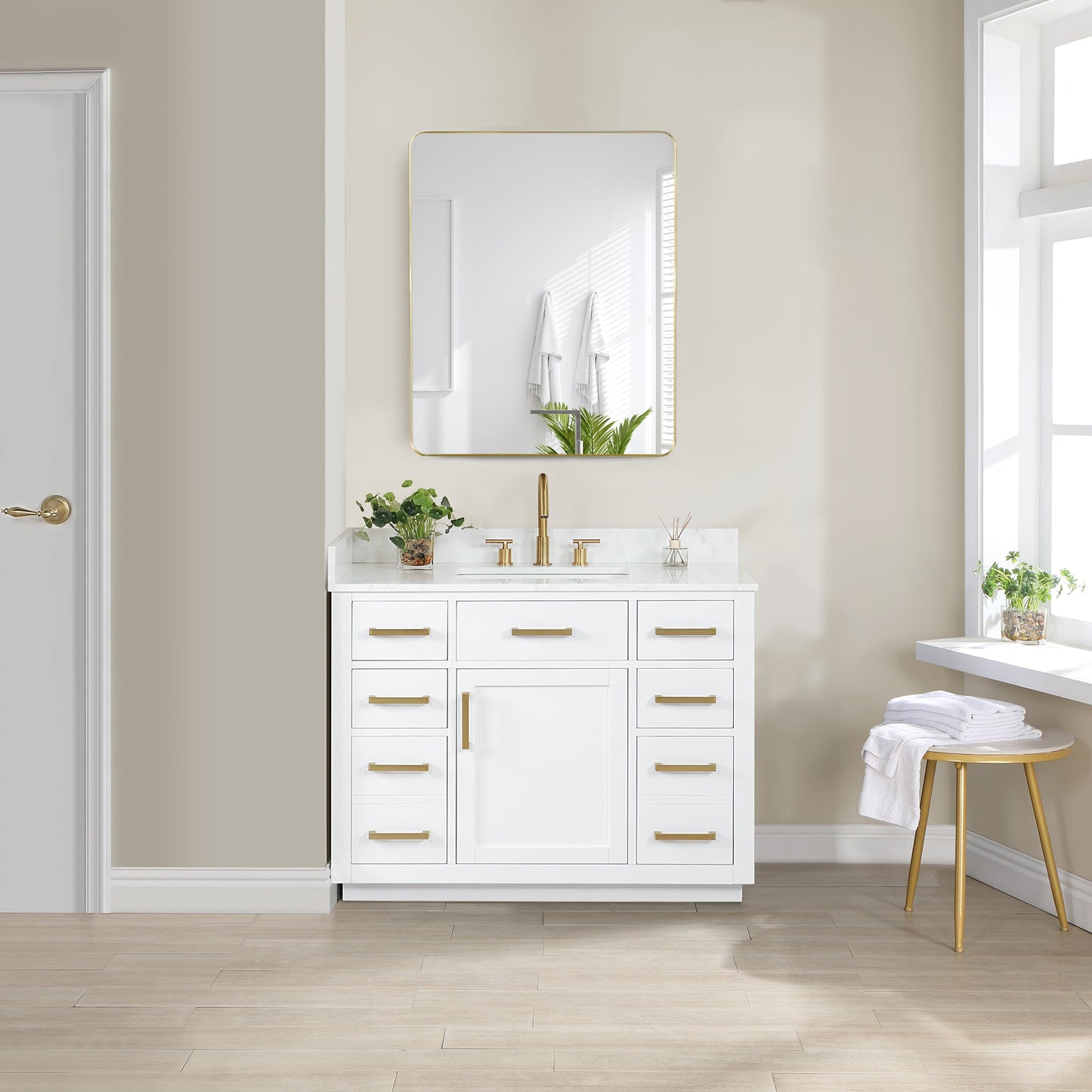 Gavino 42" Single Bathroom Vanity in White with Grain White Engineered Stone Countertop with Mirror
