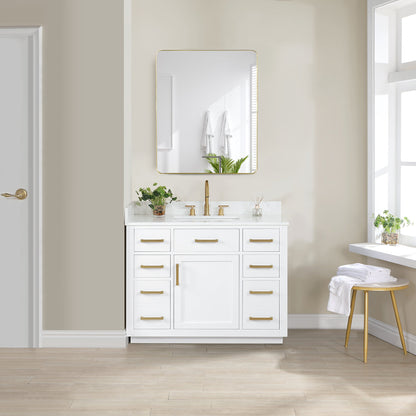 Gavino 42" Single Bathroom Vanity in White with Grain White Engineered Stone Countertop with Mirror