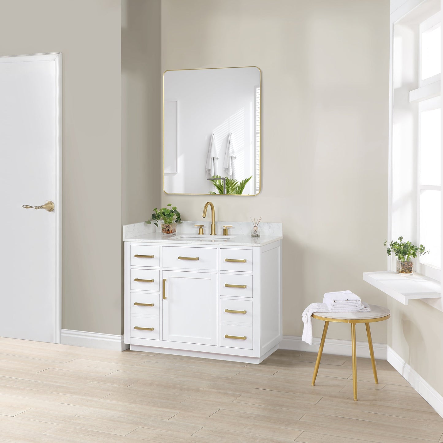 Gavino 42" Single Bathroom Vanity in White with Grain White Engineered Stone Countertop with Mirror