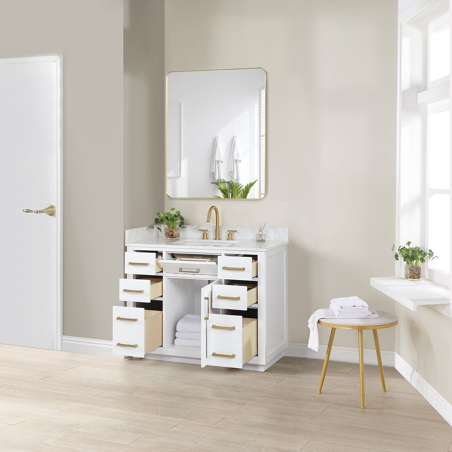 Gavino 42" Single Bathroom Vanity in White with Grain White Engineered Stone Countertop with Mirror