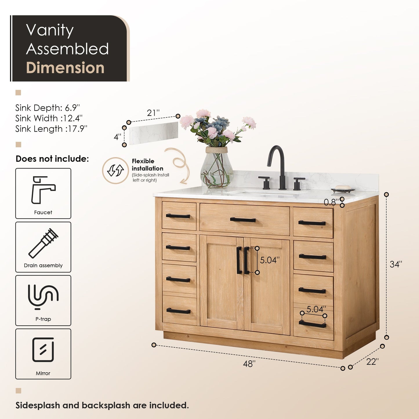 Gavino 48" Single Bathroom Vanity in Light Brown with Grain White Engineered Stone Countertop without Mirror