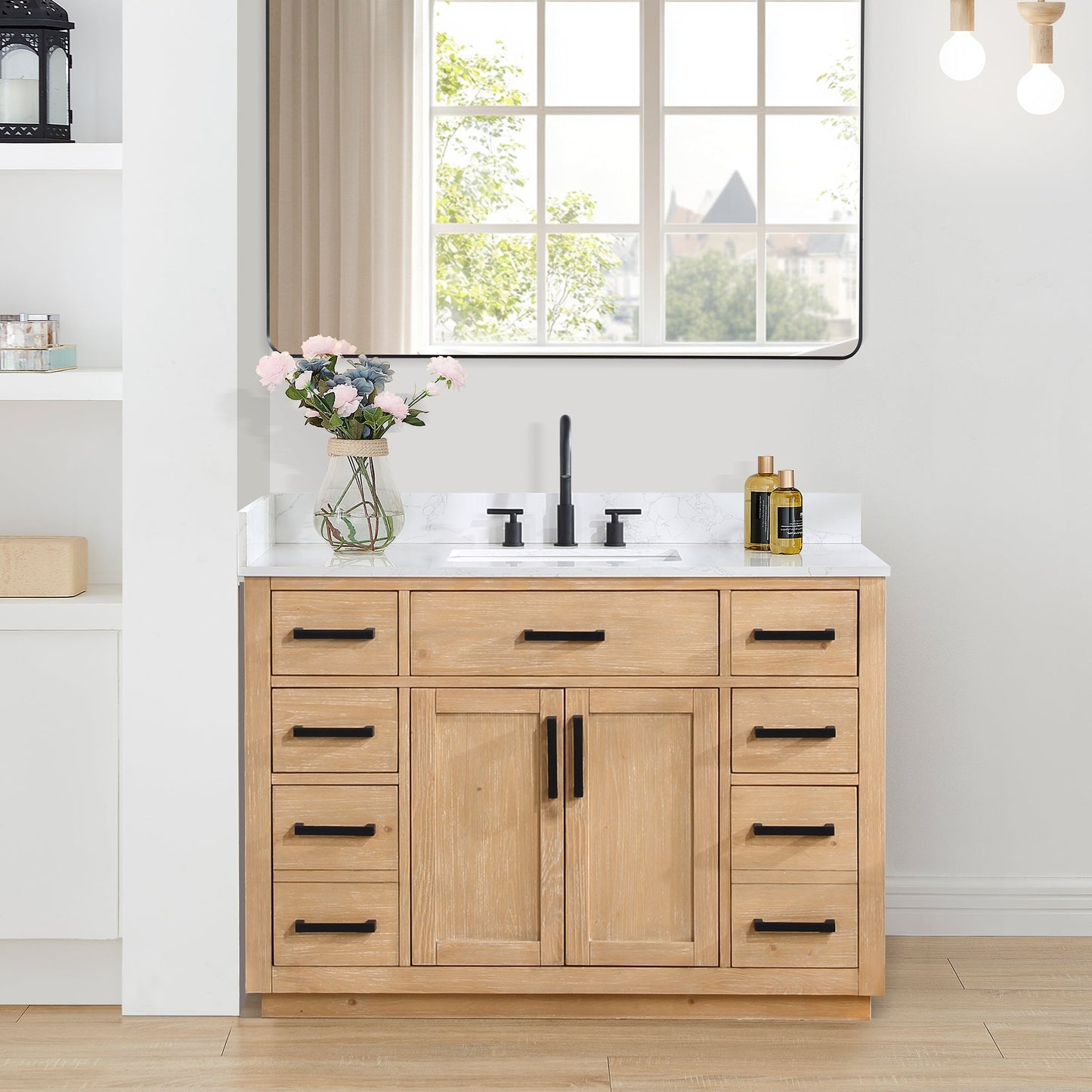 Gavino 48" Single Bathroom Vanity in Light Brown with Grain White Engineered Stone Countertop without Mirror