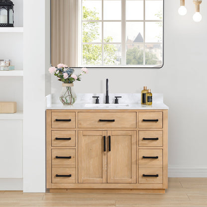 Gavino 48" Single Bathroom Vanity in Light Brown with Grain White Engineered Stone Countertop without Mirror