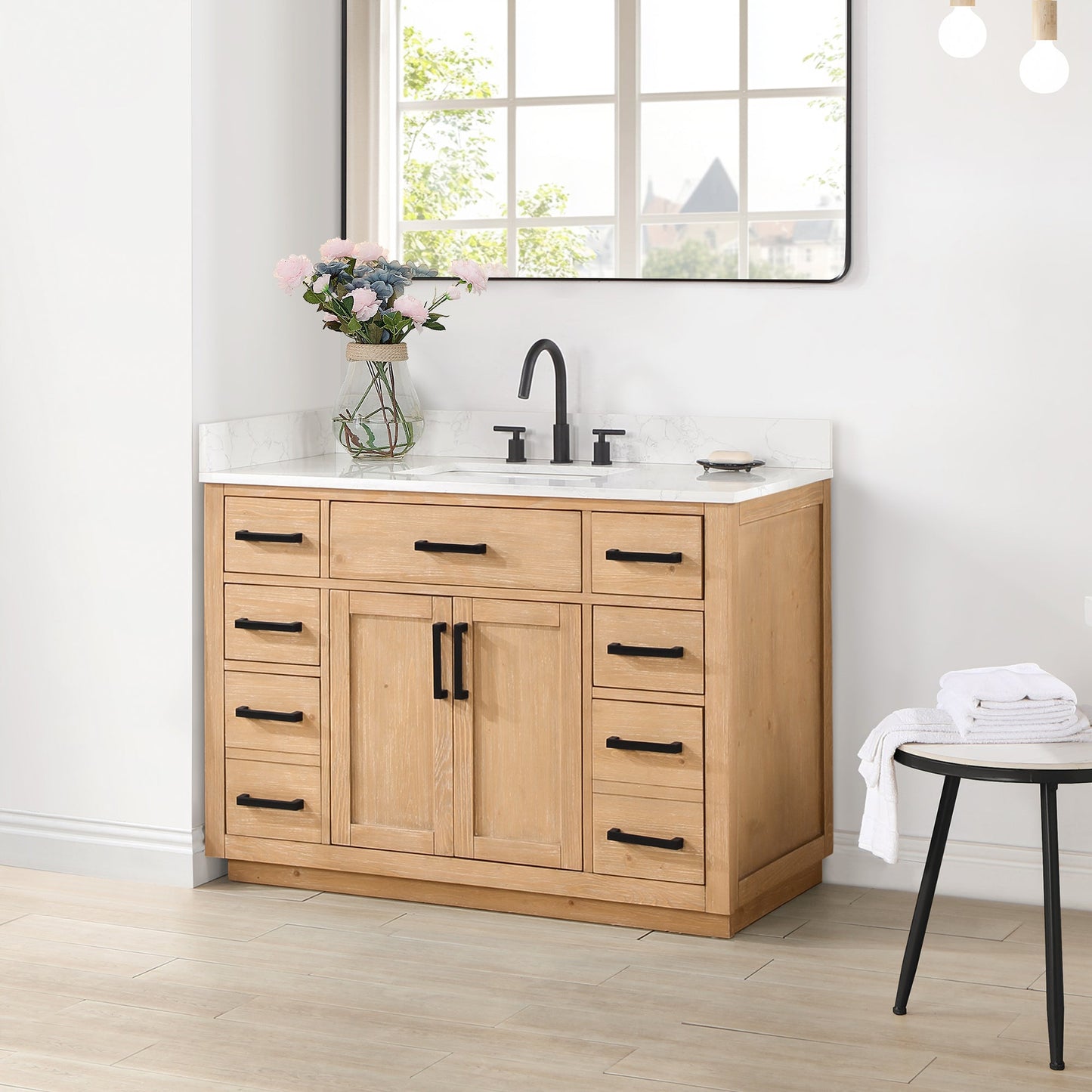 Gavino 48" Single Bathroom Vanity in Light Brown with Grain White Engineered Stone Countertop without Mirror