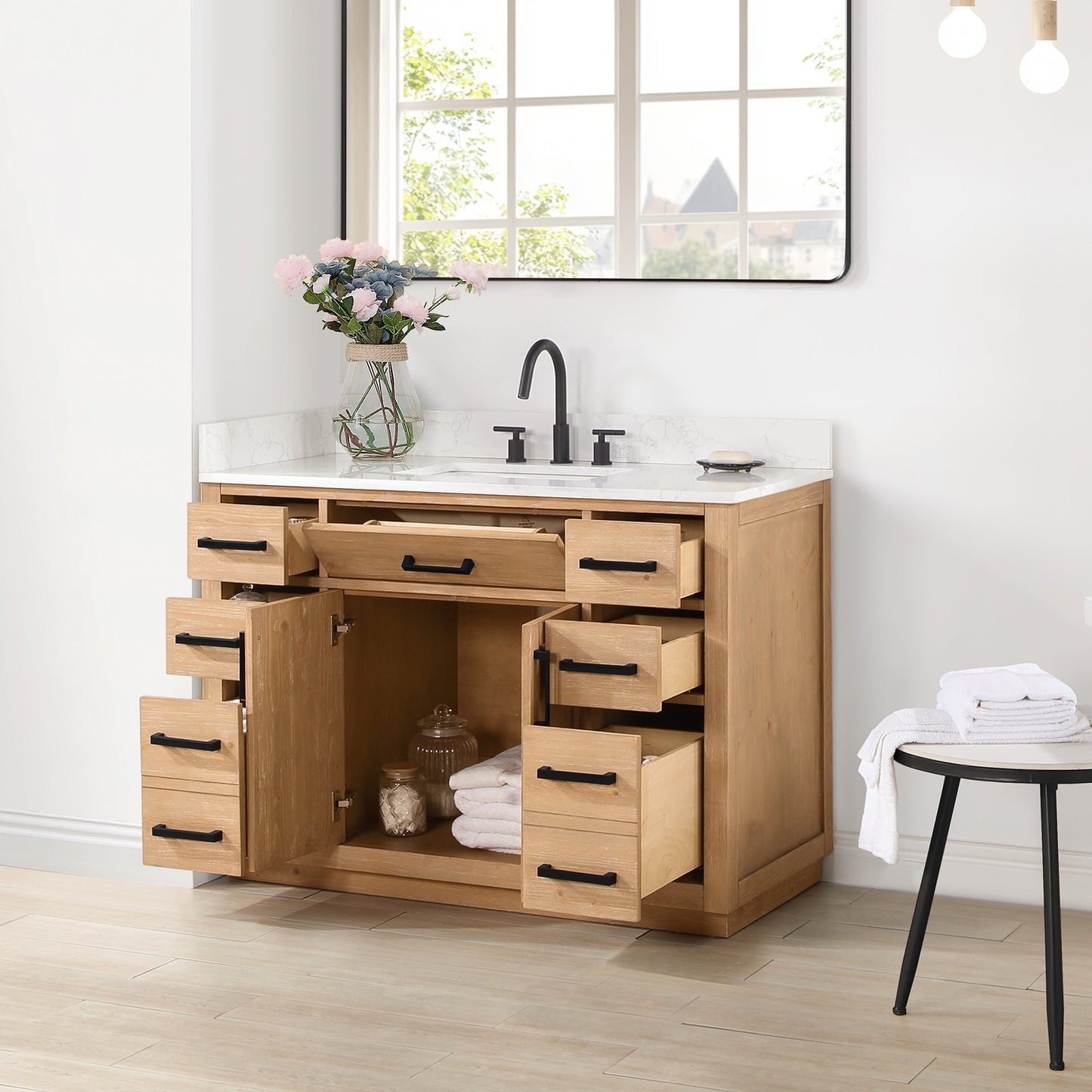 Gavino 48" Single Bathroom Vanity in Light Brown with Grain White Engineered Stone Countertop without Mirror