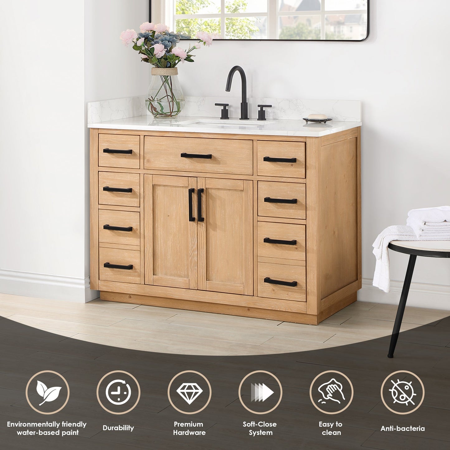 Gavino 48" Single Bathroom Vanity in Light Brown with Grain White Engineered Stone Countertop without Mirror