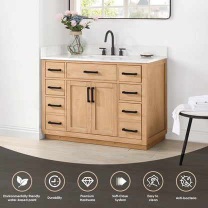 Gavino 48" Single Bathroom Vanity in Light Brown with Grain White Engineered Stone Countertop without Mirror