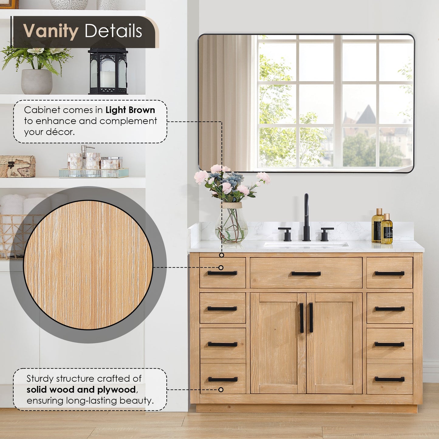 Gavino 48" Single Bathroom Vanity in Light Brown with Grain White Engineered Stone Countertop without Mirror