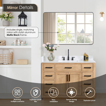 Gavino 48" Single Bathroom Vanity in Light Brown with Grain White Engineered Stone Countertop with Mirror