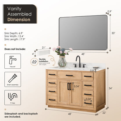 Gavino 48" Single Bathroom Vanity in Light Brown with Grain White Engineered Stone Countertop with Mirror