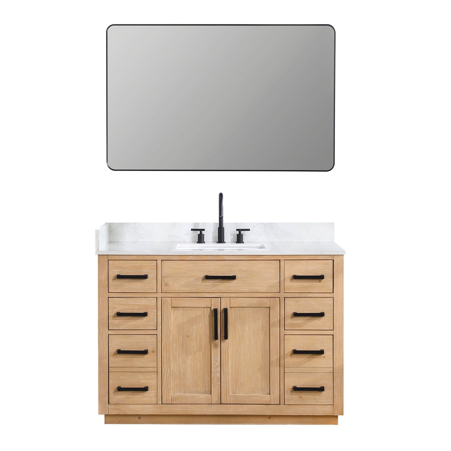 Gavino 48" Single Bathroom Vanity in Light Brown with Grain White Engineered Stone Countertop with Mirror