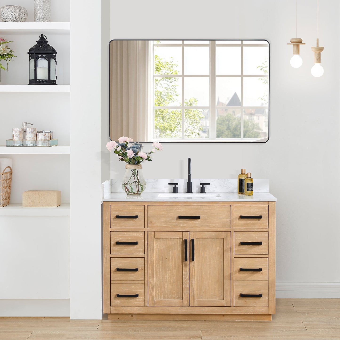 Gavino 48" Single Bathroom Vanity in Light Brown with Grain White Engineered Stone Countertop with Mirror