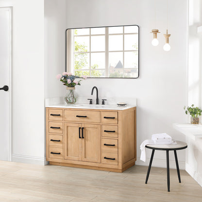 Gavino 48" Single Bathroom Vanity in Light Brown with Grain White Engineered Stone Countertop with Mirror