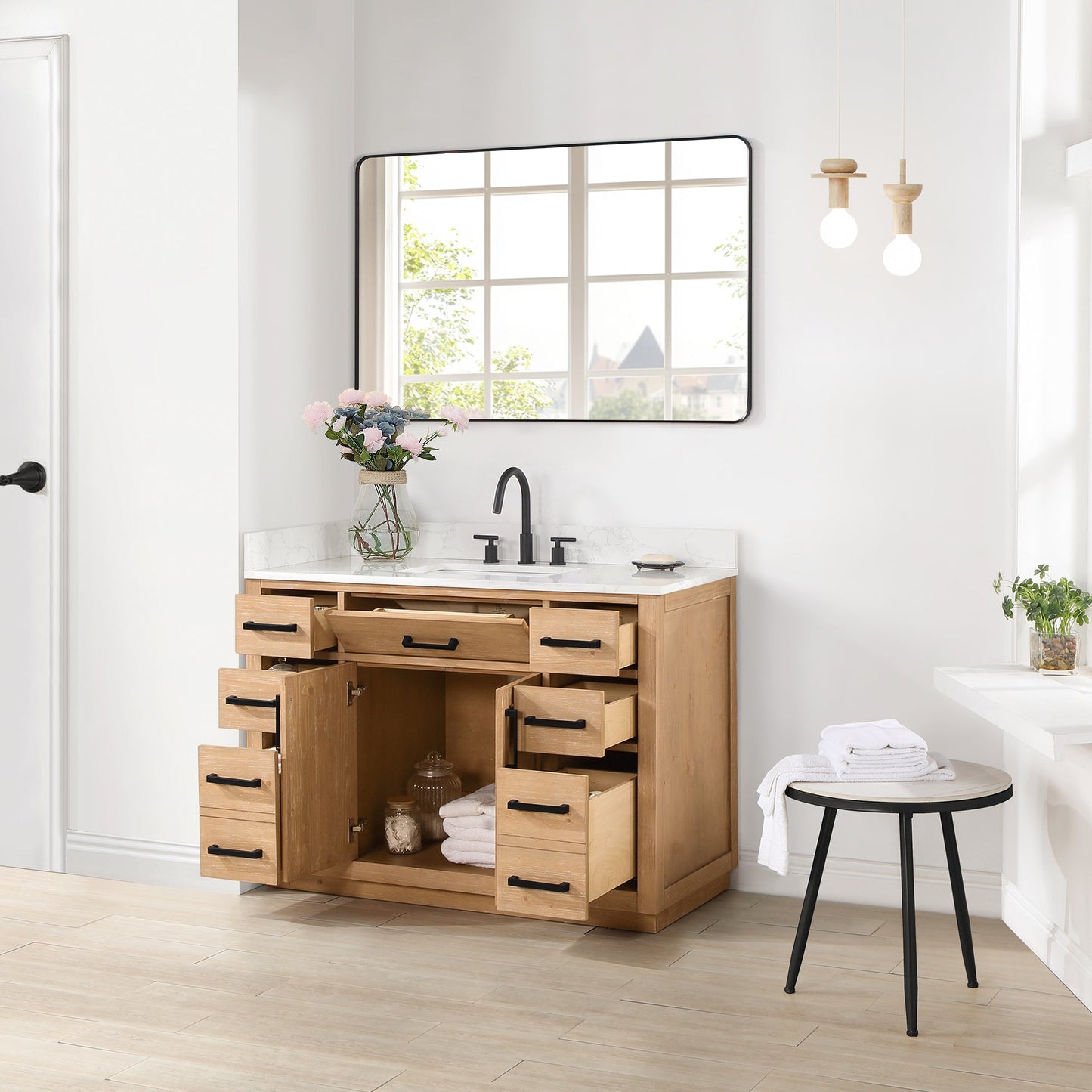 Gavino 48" Single Bathroom Vanity in Light Brown with Grain White Engineered Stone Countertop with Mirror