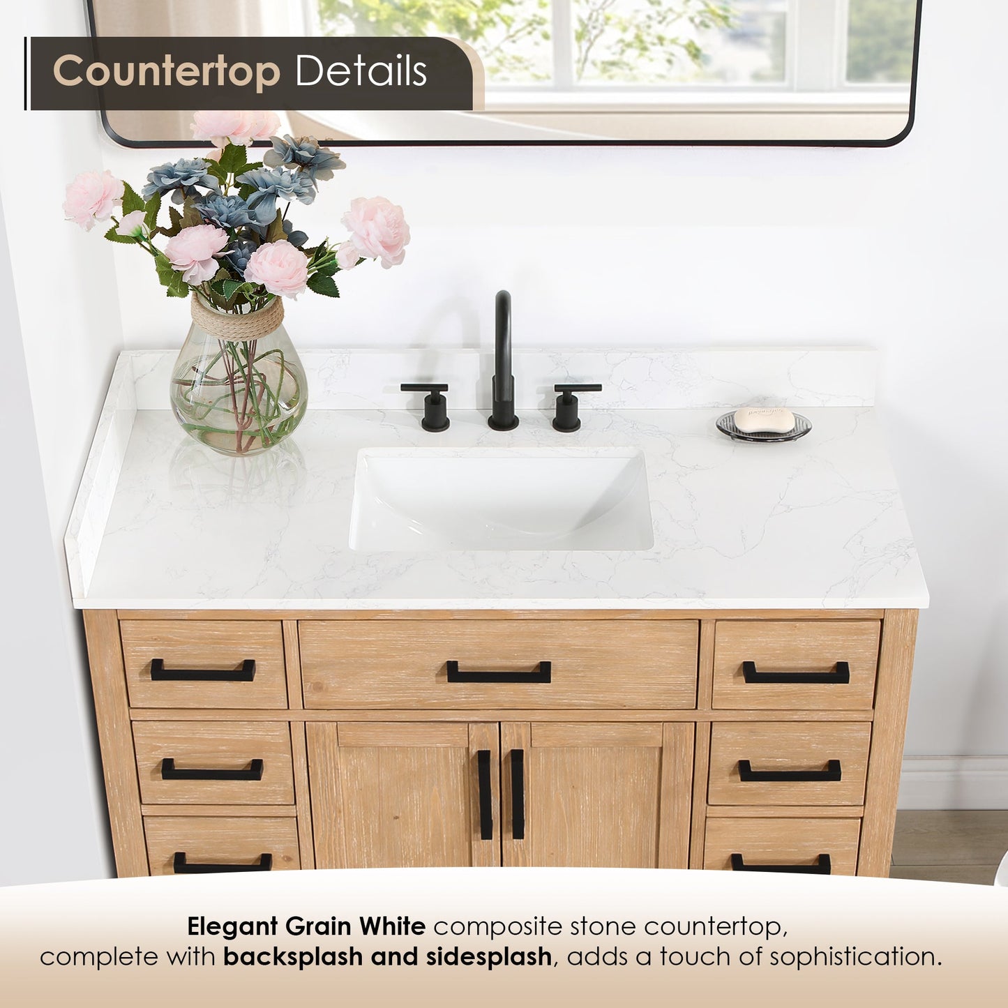 Gavino 48" Single Bathroom Vanity in Light Brown with Grain White Engineered Stone Countertop with Mirror