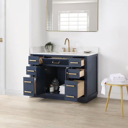 Gavino 48" Single Bathroom Vanity in Royal Blue with Grain White Engineered Stone Countertop without Mirror