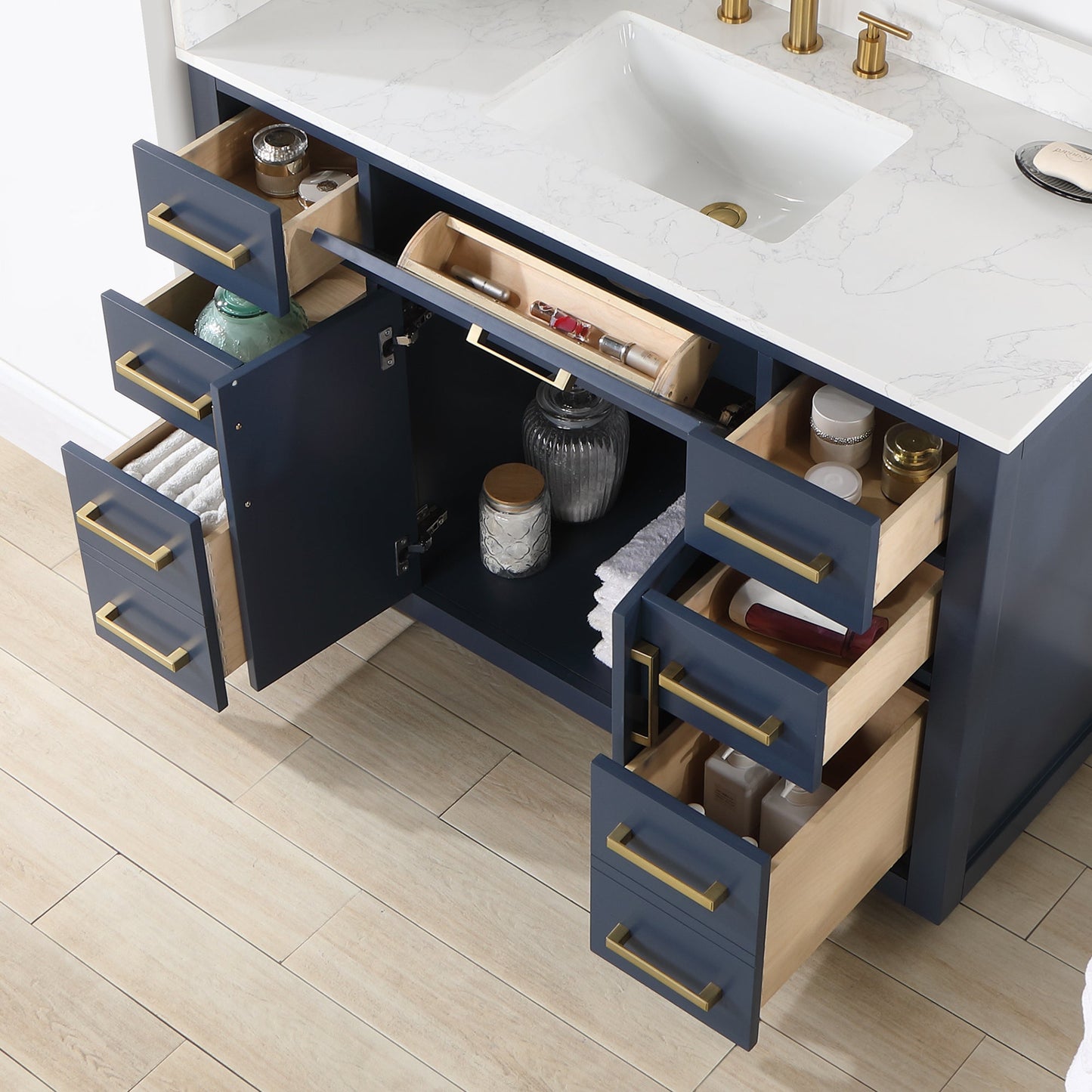 Gavino 48" Single Bathroom Vanity in Royal Blue with Grain White Engineered Stone Countertop without Mirror