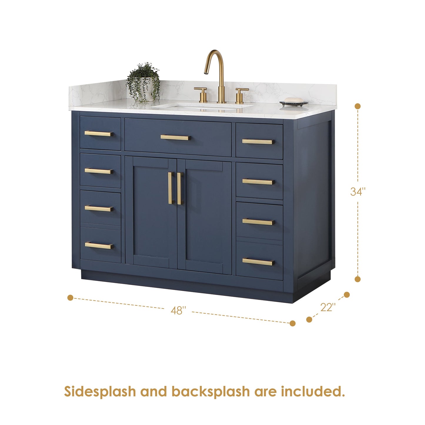Gavino 48" Single Bathroom Vanity in Royal Blue with Grain White Engineered Stone Countertop with Mirror
