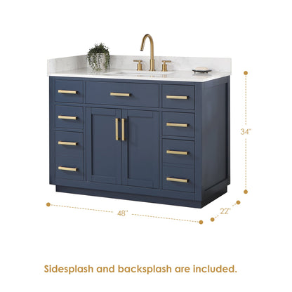 Gavino 48" Single Bathroom Vanity in Royal Blue with Grain White Engineered Stone Countertop with Mirror
