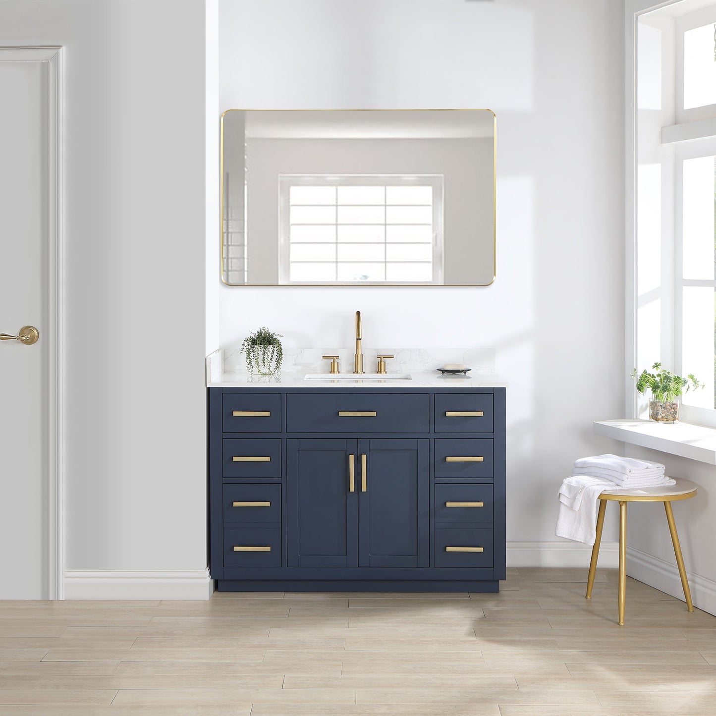 Gavino 48" Single Bathroom Vanity in Royal Blue with Grain White Engineered Stone Countertop with Mirror