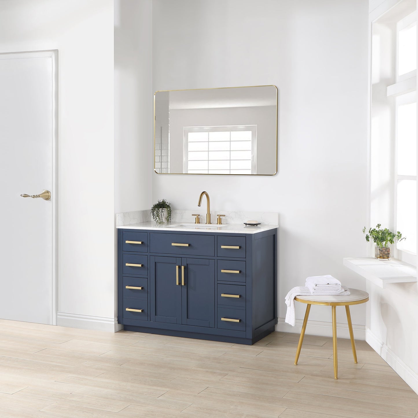 Gavino 48" Single Bathroom Vanity in Royal Blue with Grain White Engineered Stone Countertop with Mirror