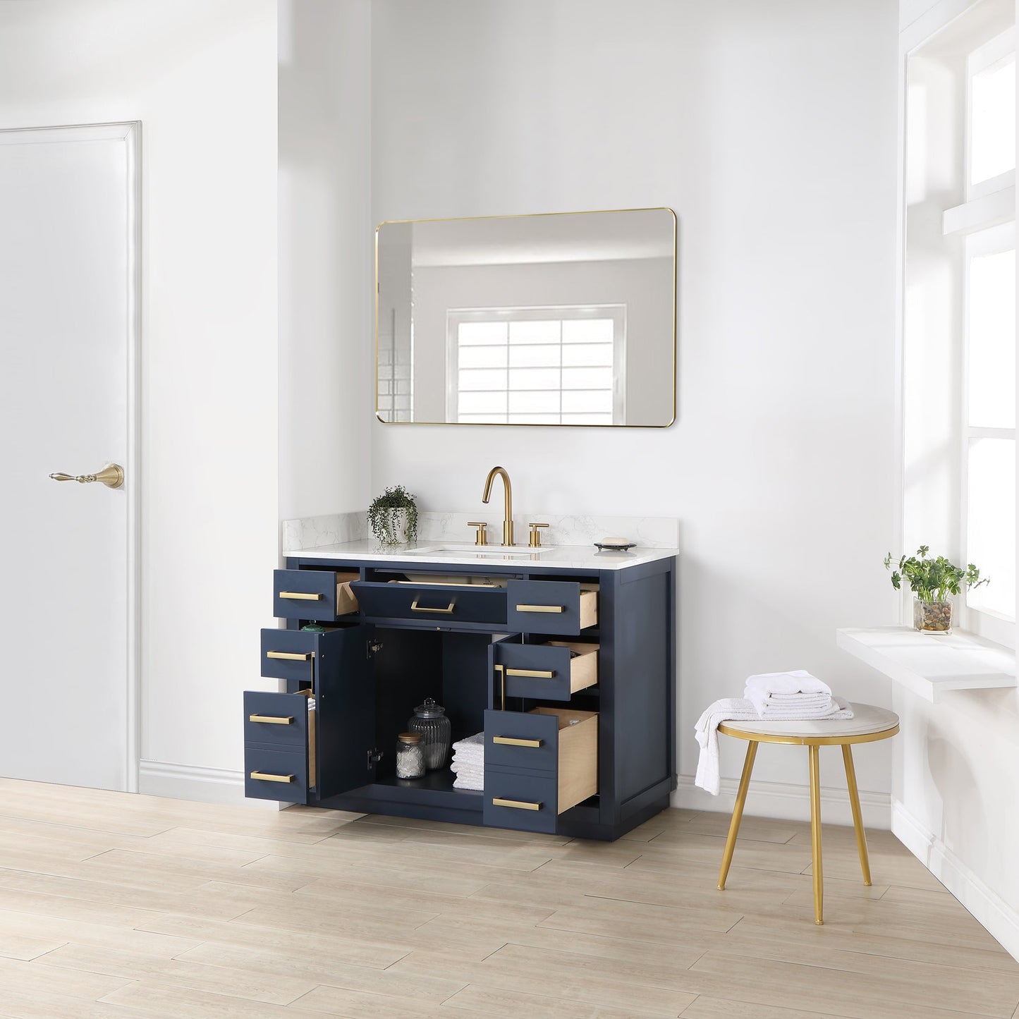 Gavino 48" Single Bathroom Vanity in Royal Blue with Grain White Engineered Stone Countertop with Mirror