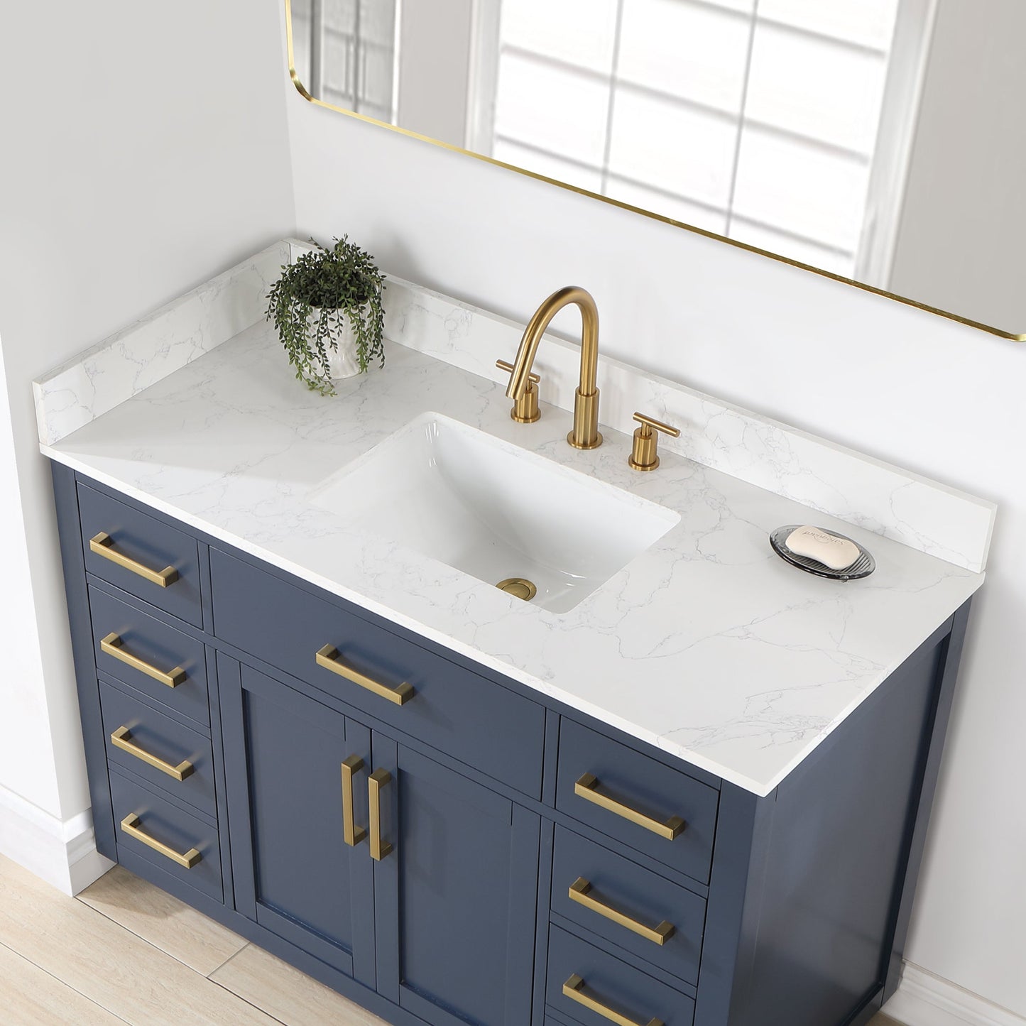 Gavino 48" Single Bathroom Vanity in Royal Blue with Grain White Engineered Stone Countertop with Mirror