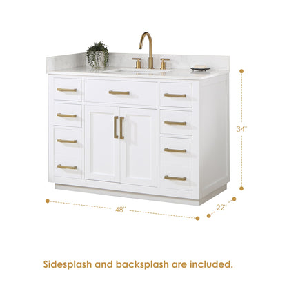 Gavino 48" Single Bathroom Vanity in White with Grain White Engineered Stone Countertop without Mirror