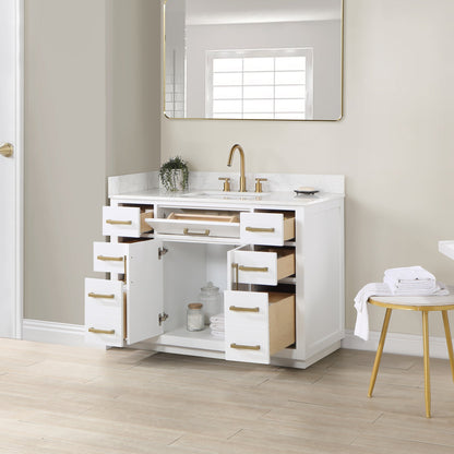 Gavino 48" Single Bathroom Vanity in White with Grain White Engineered Stone Countertop without Mirror