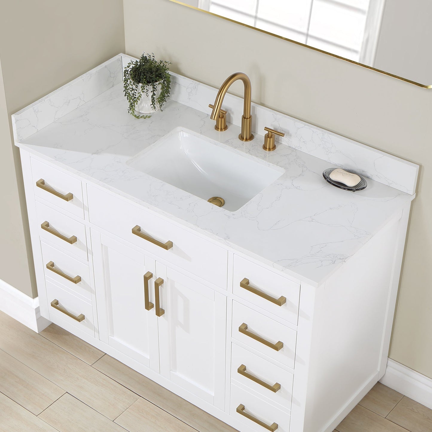 Gavino 48" Single Bathroom Vanity in White with Grain White Engineered Stone Countertop without Mirror