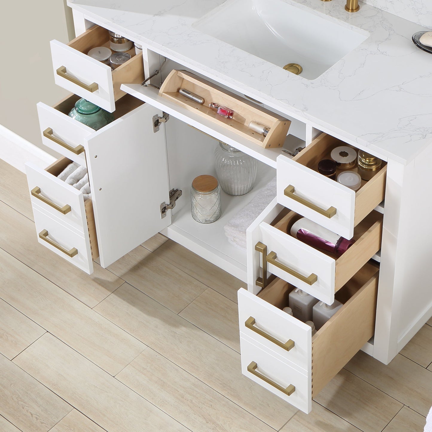Gavino 48" Single Bathroom Vanity in White with Grain White Engineered Stone Countertop without Mirror